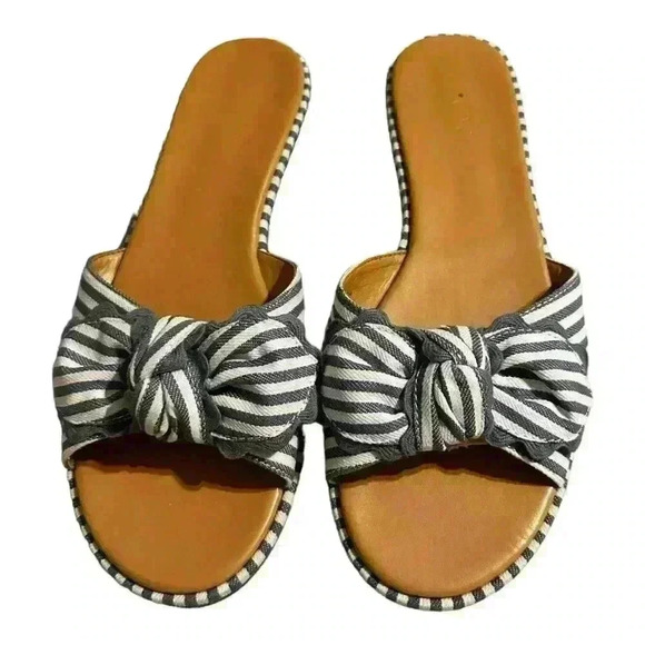 J. Crew Women’s Shoes Blue/White Striped Slide On Bow Tie Flat Sandals Size 9 - Picture 2 of 7